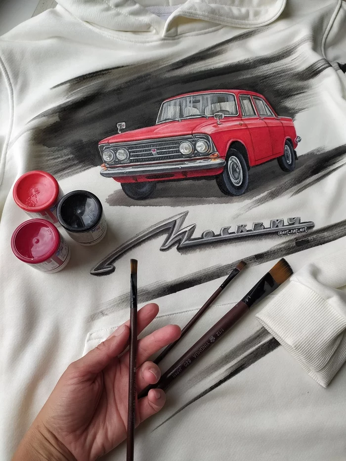 Moskvich-408 on a sweatshirt. Hand painted - My, Auto, Moskvich, Handmade, Car, With your own hands, Azlk, Needlework without process, Longpost