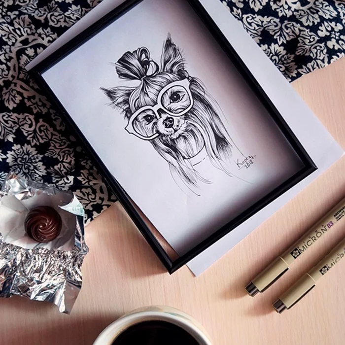 I drew a “fashionista” with a capillary pen! =) - My, Drawing, Art, Graphics, Sketch, Animalistics, Dog, Longpost