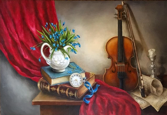 Fruits of quarantine - My, Painting, Painting, Artist, Still life, Violin, Mimosa, Lilies of the valley, Flowers, Longpost