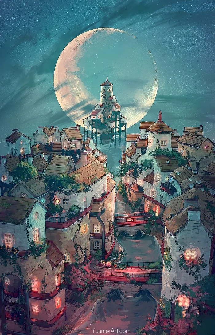 Night - Art, Drawing, Night, moon, Town, Landscape, Yuumei, Townscaper