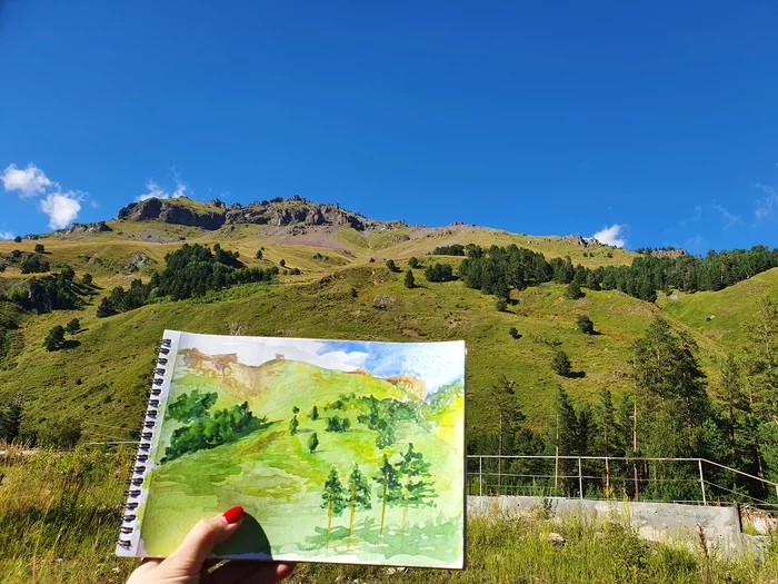 The incredible adventures of Nastya and watercolors. Day 4 - My, Elbrus, Elbrus, Watercolor, Nature, Travels, Painting, Longpost