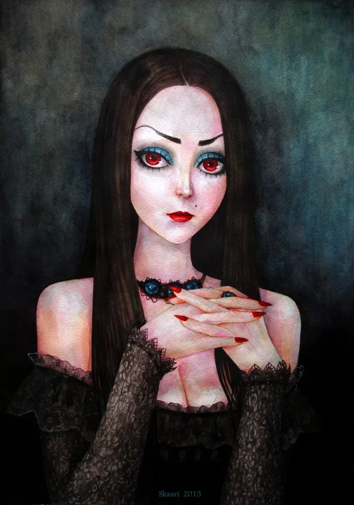 Lady with a piercing look - My, Art, Art, Painting, Stylization, Gothic, Portrait, Birthmarks, Lace, Watercolor