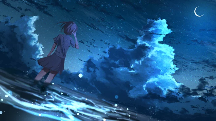 Sea love - Art, Clouds, Night, Crescent, Stars, Girl