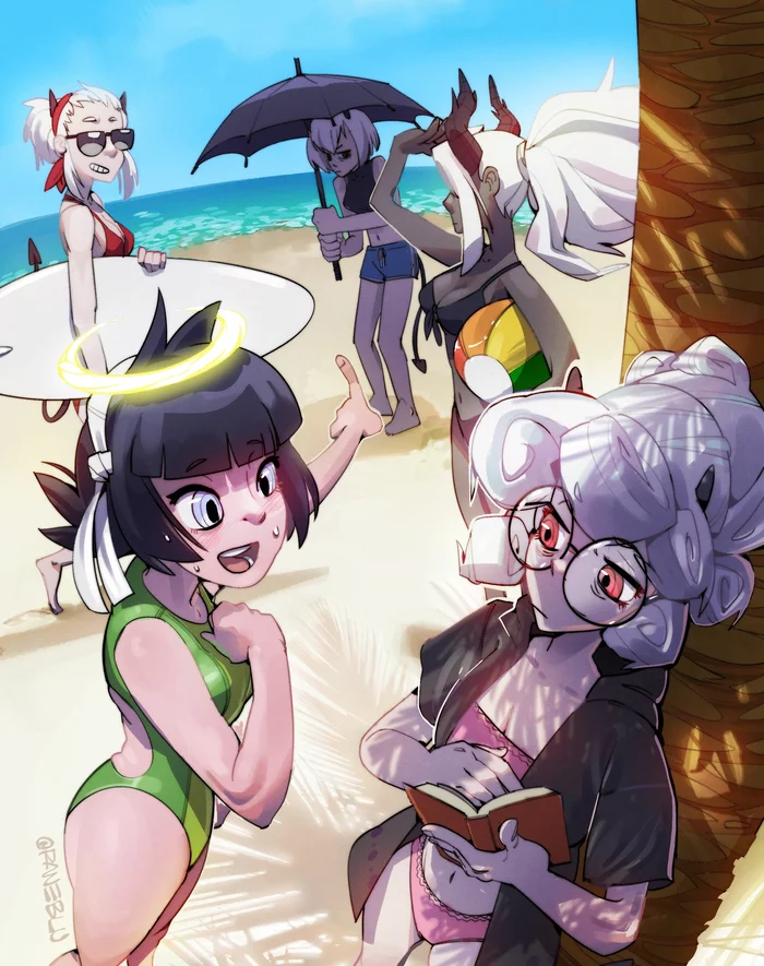 Harem on summer vacation - Helltaker, Malina, Judgment, Pandemonica, Justice, Azazel, Anime art, Anime, Swimsuit