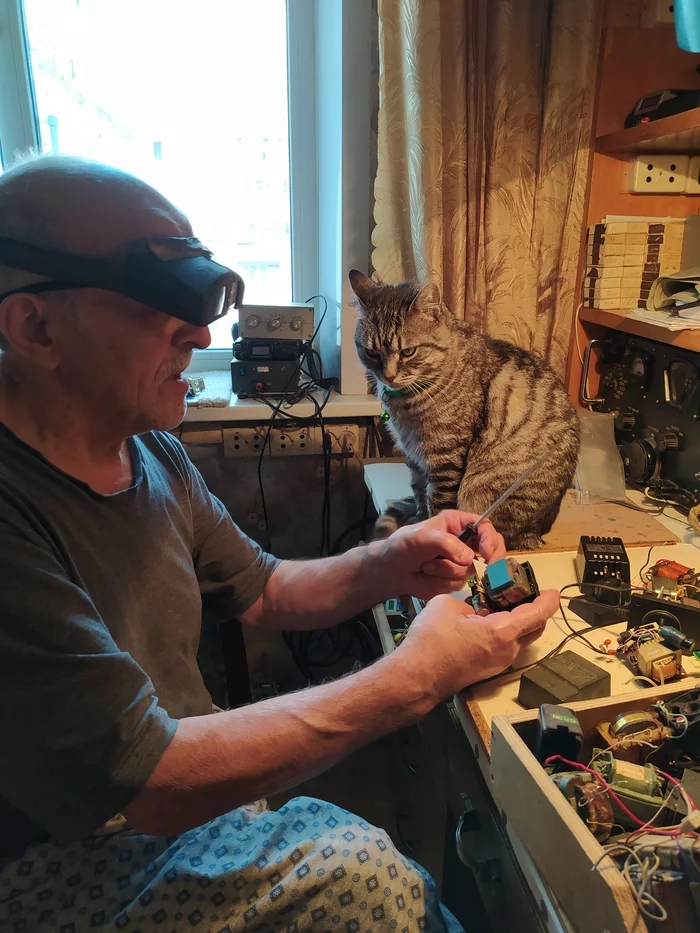 Friends doing what they love - My, Radio, cat, Grandfather, Longpost