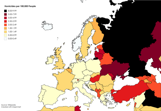 Количество убийств на 100 000 населения по странам - Карты, Инфографика, Европа, Убийство, Статистика