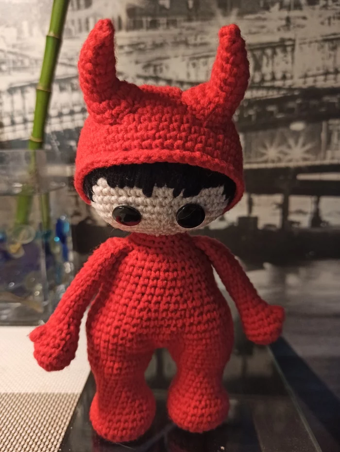 Boy in a crocheted devil costume - My, Amigurumi, Crochet, Needlework without process, Longpost