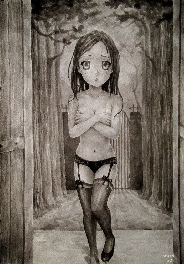 wet - NSFW, My, Art, Anime, Rain, Watercolor, Monochrome, Grisaille, Topless, Drawing, Stockings, Underwear, Erotic