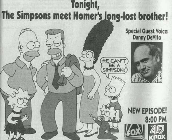 Simpsons ad in 1991 - The Simpsons, Retro, Homer Simpson, Marge Simpson, Bart Simpson, Lisa Simpson, Maggie Simpson, Danny DeVito, Herbert, Brother, Advertising, 1991, Black and white