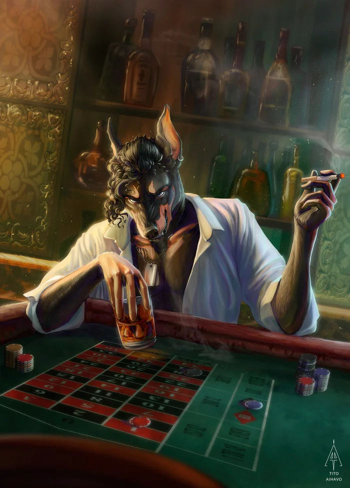 Casino - Furry, Art, Casino, Alcohol, Dog, Doberman, Longpost, Titoayahvo