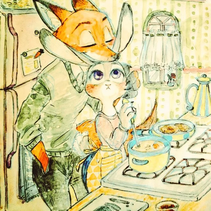 Mmmm... Why does it smell so good? - Zootopia, Nick and Judy, Nick wilde, Judy hopps, Kitchen, Art