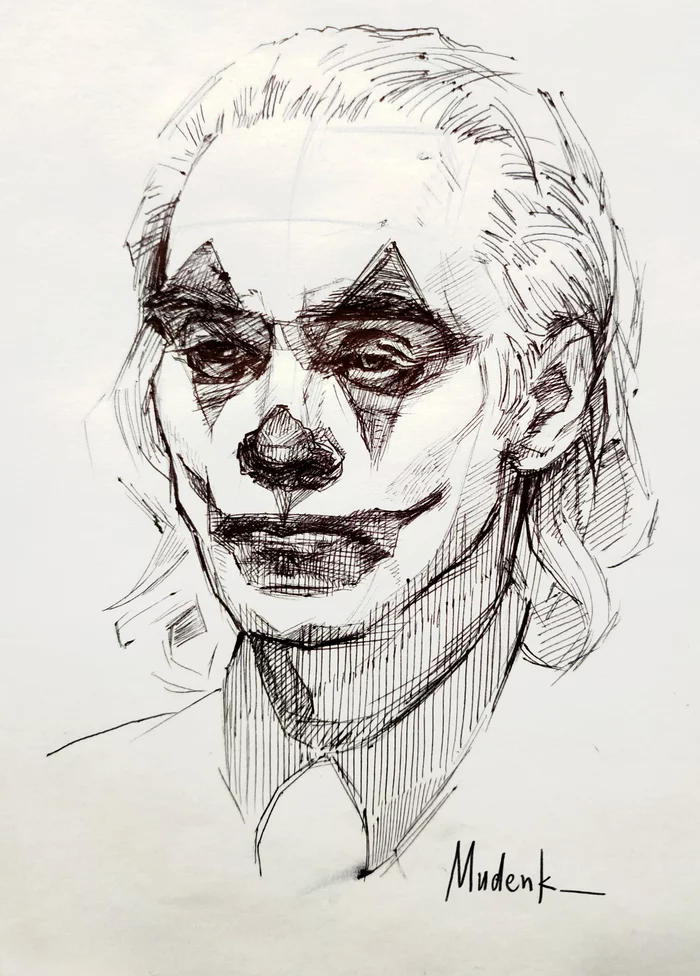 Joker sketch with pen - My, Joker, Joaquin Phoenix, Fan art, Sketch, Sketch, Pen drawing, Graphics, Art, Drawing, Clown