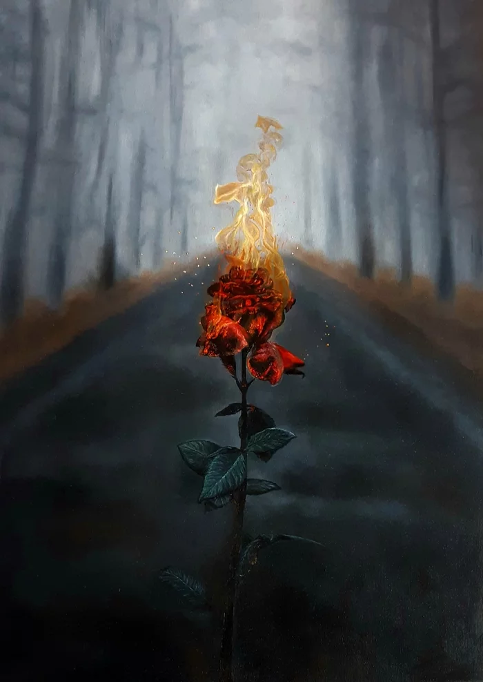 Rose - My, Painting, Oil painting, the Rose, Fire, Longpost