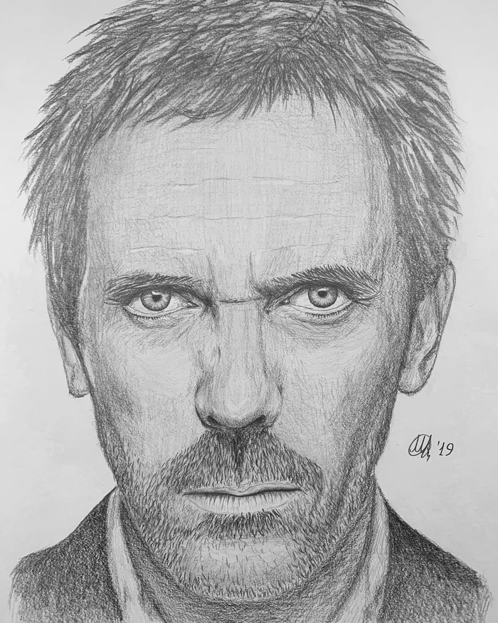 Pencil drawings 4 - My, Drawing, Pencil drawing, Black and white, Dr. House, Portrait