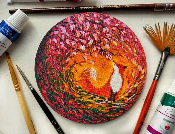 Fox - My, Acrylic, Self-taught artist, Fox, Round canvas, Drawing