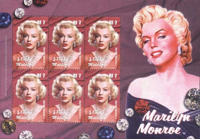 MM on postage stamps (XIV) Cycle Magnificent Marilyn - Series 217 - Cycle, Gorgeous, Marilyn Monroe, Beautiful girl, Actors and actresses, Celebrities, Stamps, Blonde, Collecting, Philately, USA, Longpost, Maldives, 1953, 20th century, 2004