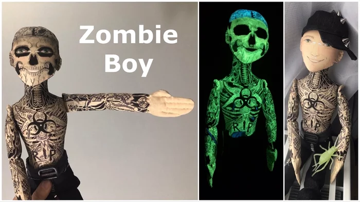 Zombie Boy (Rico the Zombie) - My, Zombie Boy, Rick Genest, Portrait doll, Textile doll, Needlework with process, Zombie, Rick Jenest, Tattoo, Video, Longpost