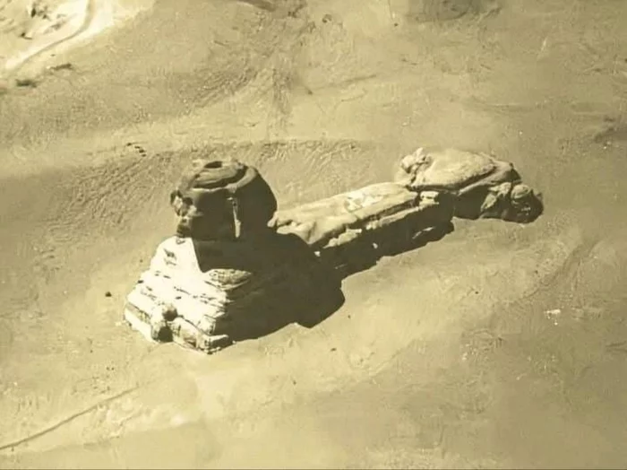 Photo of the Sphinx in the late 1800s. It had been removed from the balloon and was still covered in sand - Sphinx, 1800s, Egypt, The photo