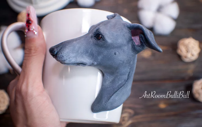 Italian Greyhound portrait on a mug - My, Italian greyhound, Greyhound, Polymer clay, Mug with decor, Portrait mug, Dog, Needlework without process