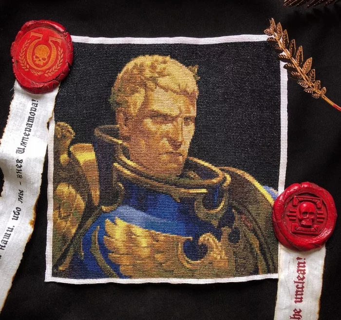 Finished embroidery with Beloved Primarch - My, Embroidery, Cross-stitch, Wh Art, Roboute guilliman, Warhammer, Warhammer 40k, Ultramarines, Primarchs