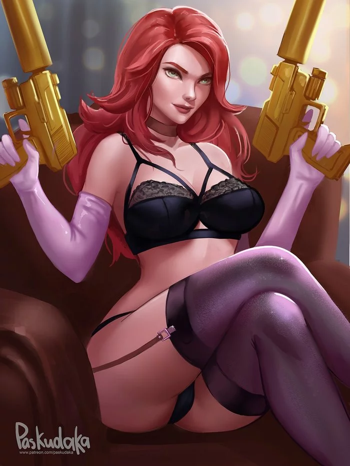 Miss Fortune - NSFW, Games, Erotic, Art, League of legends, Miss fortune, Underwear, Stockings, Weapon, Breast, Redheads