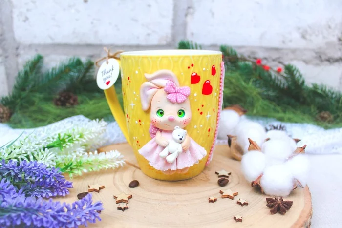 Bunny. Polymer clay mug decor - My, Polymer clay, Mug with decor, Hare, Handmade, Video, Needlework with process, With your own hands, Needlework, Longpost