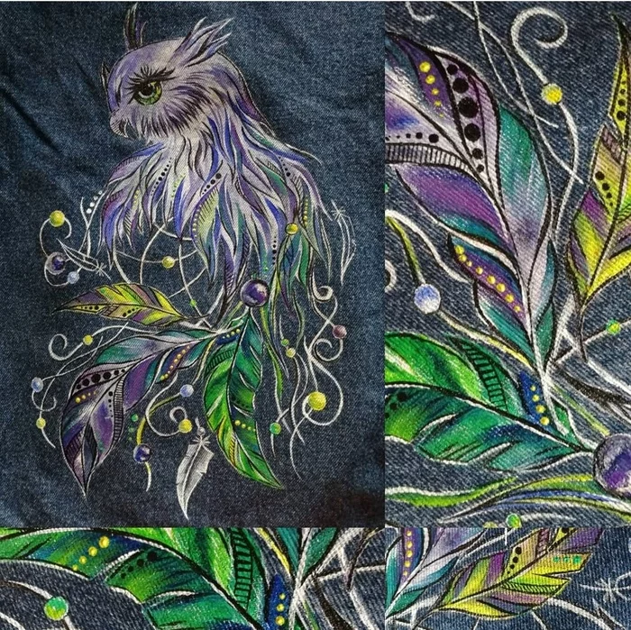 Owl on jeans - My, Samara, Customization, League of Artists, Painting on fabric, Owl, Acrylic, Artist, Dreamcatcher, Longpost