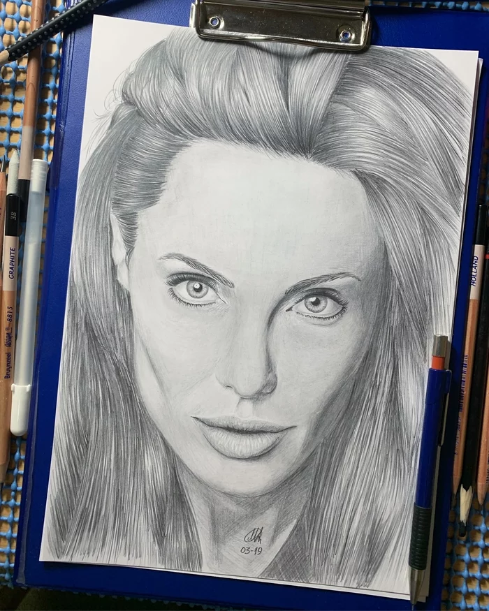 Pencil drawings 11 - My, Portrait, Girls, Pencil drawing, Drawing, Angelina Jolie, Black and white, Art