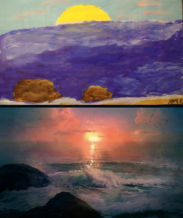 How I drew at 10 and now at 25 - Drawing, Painting, Painting, Landscape, Sea, Progress, Comparison, Reddit