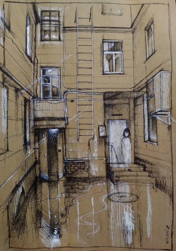 Severomorsk - My, Severomorsk, Graphics, Courtyard, Landscape, Drawing, Pen drawing, Creation