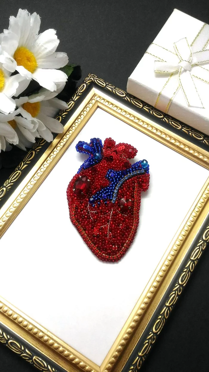 Brooch Anatomical heart - My, Heart, Brooch, Beads, Anatomy, Decoration, Needlework without process