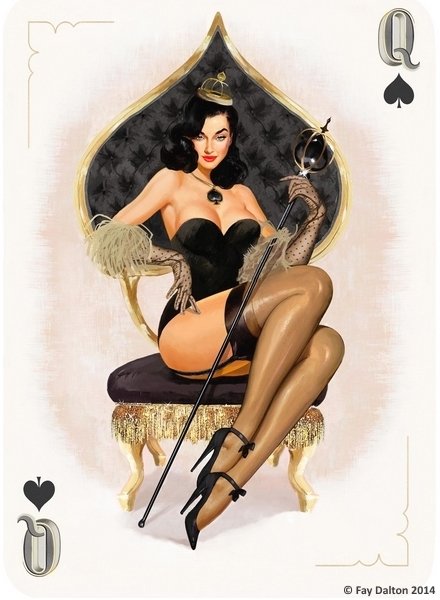 Queen of Spades and Queen of Hearts pin up by Fay Dalton - NSFW, Erotic, Art, Pin up, Playing cards, Queen, The Queen of Spades, Stockings, Throne, , Female, Queen of Hearts, Women