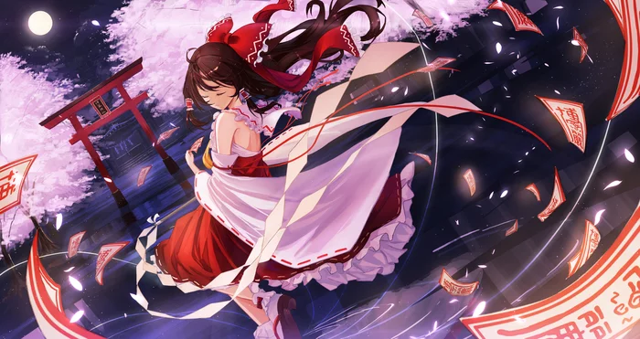 Reimu Sakura at night - Touhou, Hakurei Reimu, Anime art, Anime, Torii, Sakura, moon