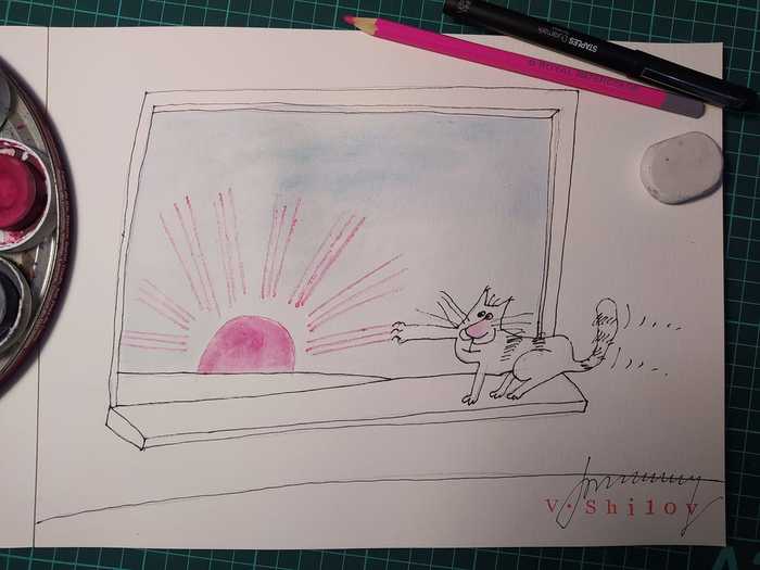 GOOD MORNING - My, cat, Animals, Drawing, Images, The sun, Morning, Watercolor