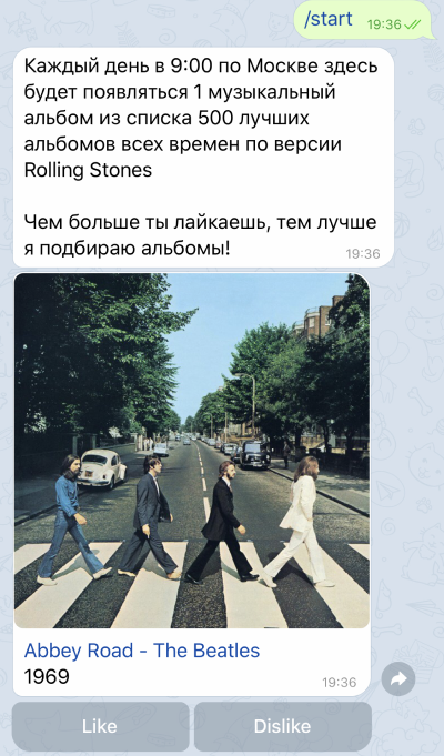 Я сделал бота, который каждый день присылает 1 альбом из списка топ-500 альбомов всех времен по версии журнала Rolling Stone