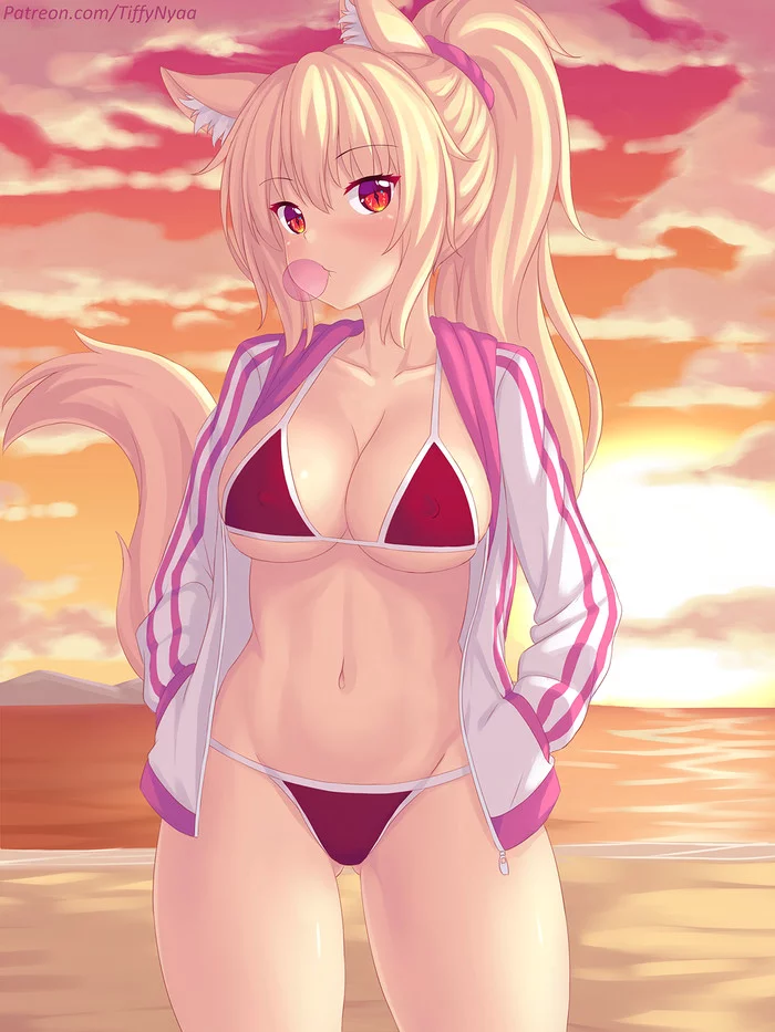 On the beach - NSFW, Anime art, Art, Erotic, Original character, Animal ears, Pantsu, Tiffy, Swimsuit, Anime