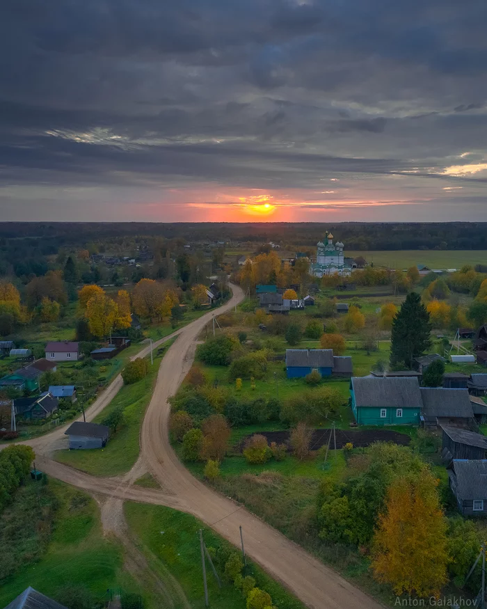 Осенний вечер под Лугой - Моё, Луга, Квадрокоптер, Фотография, Природа, Деревня, Закат, Осень