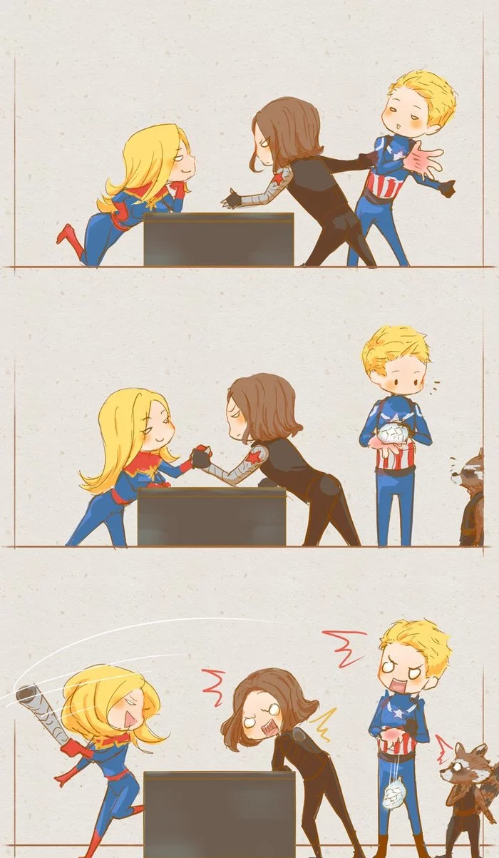 Captain Marvel vs Captain America - Anime, Captain America, Captain Marvel, Raccoon Rocket, Bucky Barnes, Marvel, Comics, Arm wrestling, Flerken, Longpost, Series Miscellaneous Comics