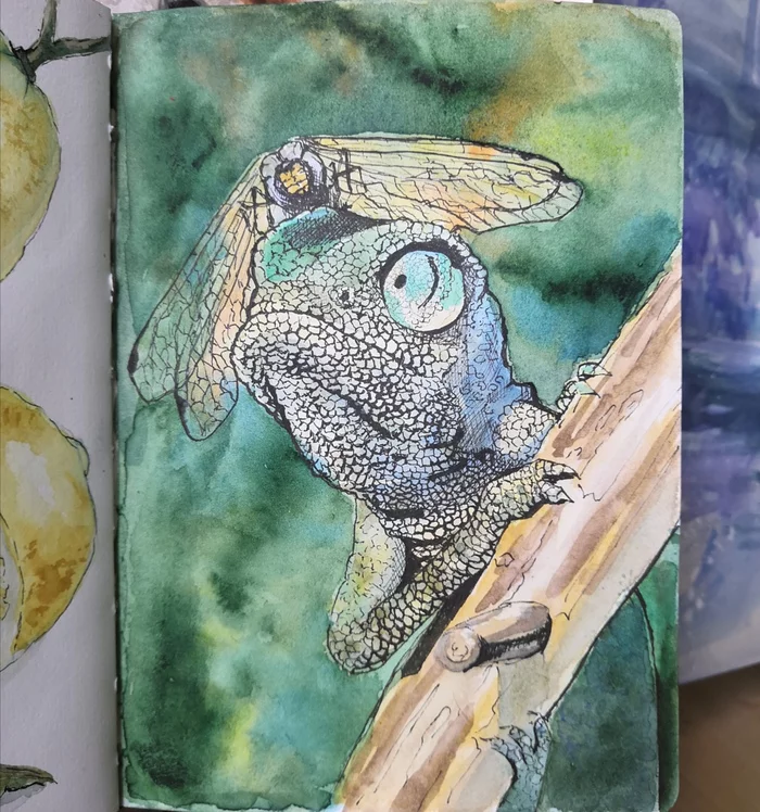 This look... - My, Watercolor, Traditional art, Chameleon, Dragonfly, Sketch