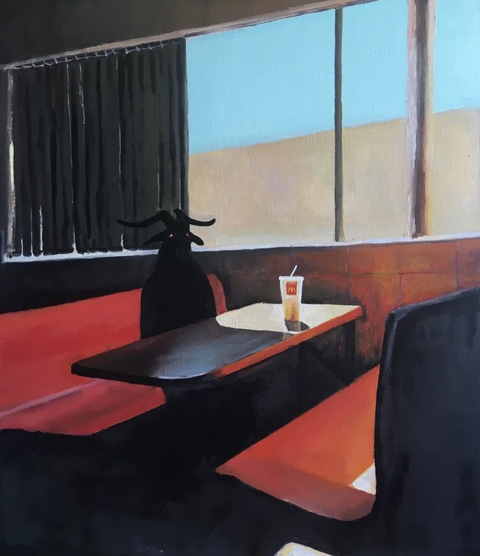 At McDonald's. Oil, canvas. Toknova Alina - My, Art, Creation, Oil painting, Satan, McDonald's