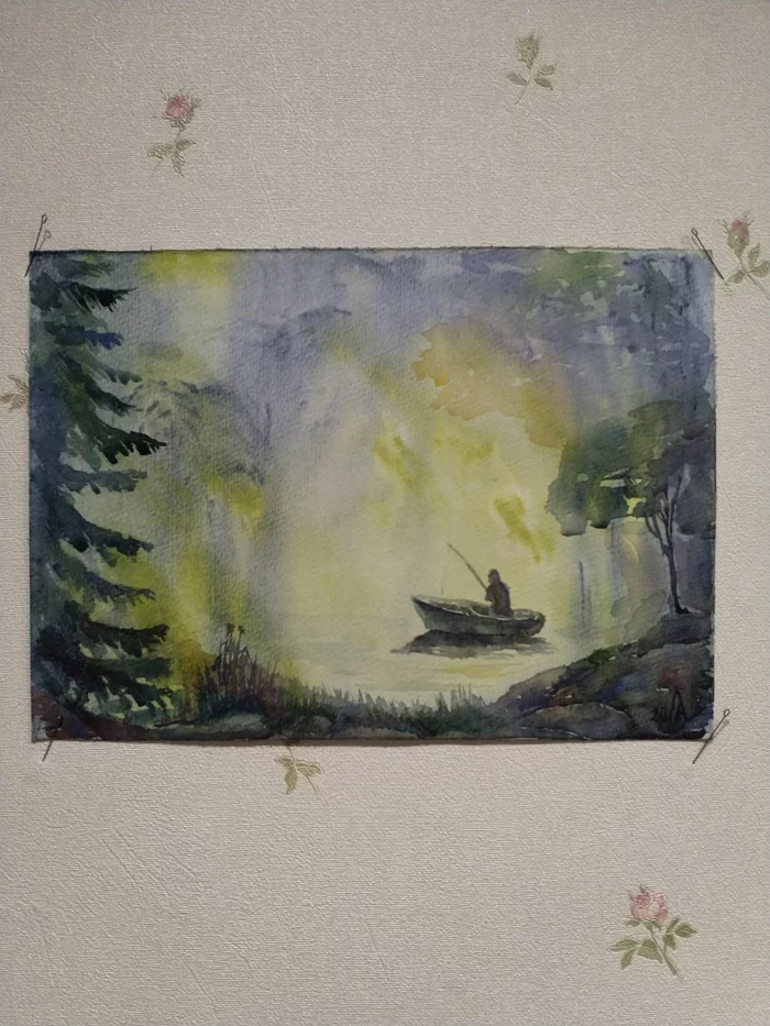 Lake. Fog. (paper, watercolor) - My, Watercolor, Artist, Landscape, Russia, Lake, Fishermen, Talent, Longpost
