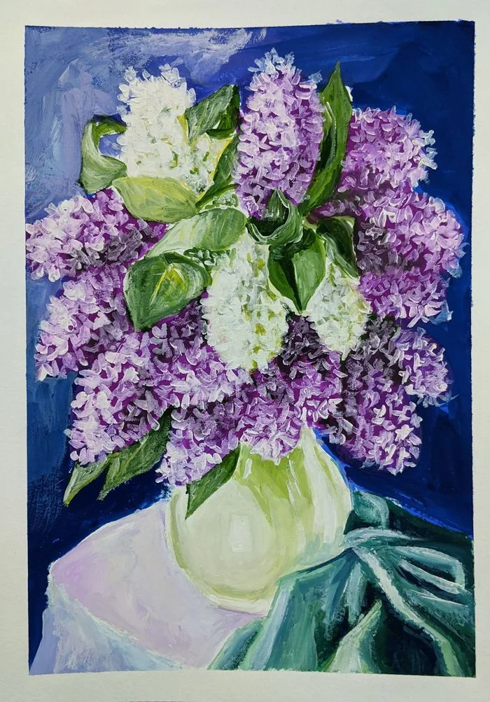 A little lilac - My, Longpost, Gouache, Lilac, Color, Still life, Drawing