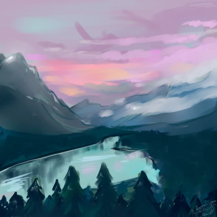 Scenery - My, Digital drawing, Landscape, The mountains, Illustrations, Artist, League of Artists, Art, Drawing, Drawing on a tablet