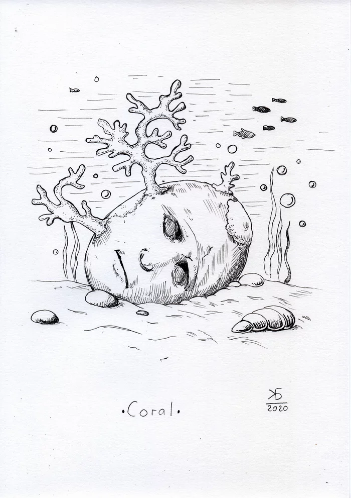 Inktober. День 20 - Coral - Моё, Inktober, Рисунок, Кораллы, Графика, Арт, Море