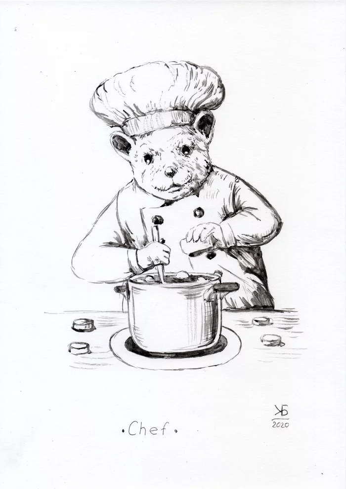 Inktober день 22 - Chef - Моё, Inktober, Тушь, Рисунок, Пищуха, Графика