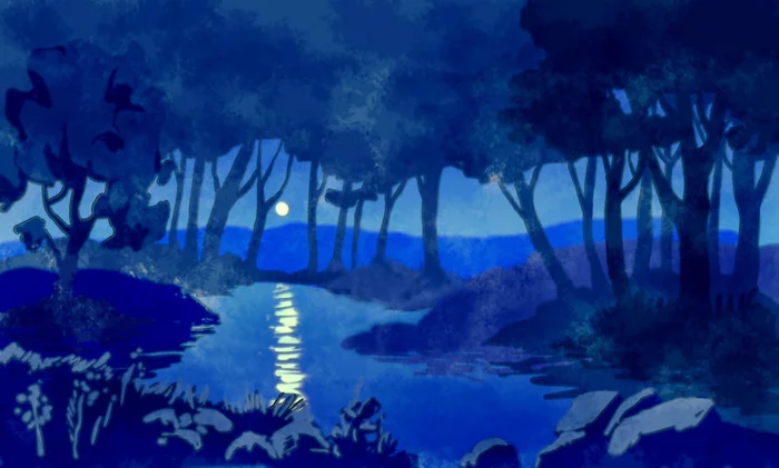 Night landscape - My, Digital drawing, Gimp, Landscape, Wacom