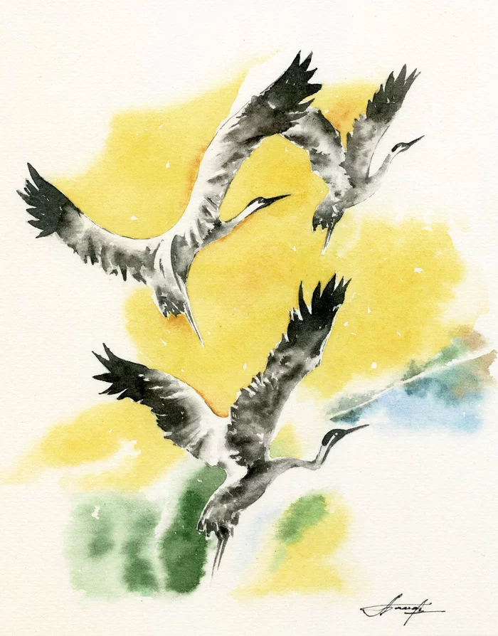 Flight. Watercolor - My, Watercolor, Drawing, Painting, Flight, Birds, Art, Illustrations, Cranes