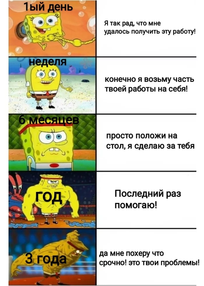 Когда в первый раз устроился на работу - Моё, Мемы, Спанч Боб, Работа, Первый раз, Коллеги, Помощь, Опыт, Надоело, Халявщики, Использование