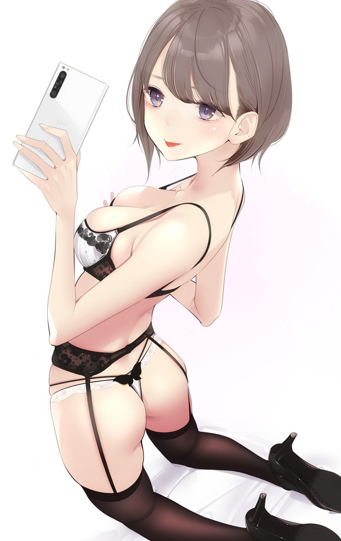 Selfie - NSFW, Art, Anime art, Anime original, Girls, Erotic, Hand-drawn erotica, Underwear, Stockings, Boobs, Booty, On the knees, Selfie, Original character, Ama mitsuki