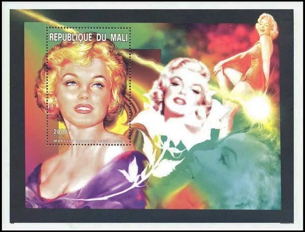 MM on postage stamps (XLVII) Cycle Magnificent Marilyn - issue 288 - Cycle, Gorgeous, Marilyn Monroe, Beautiful girl, Actors and actresses, Celebrities, Stamps, Blonde, Collecting, Philately, Cinema, Mali, 1996, 1953, USA, Hollywood, Movies